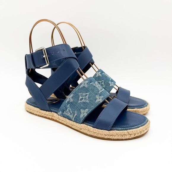 Louis Vuitton Monogram LV Denim Leather Sandals Espadrilles Flats Size 37, 7 - Picture 1 of 14